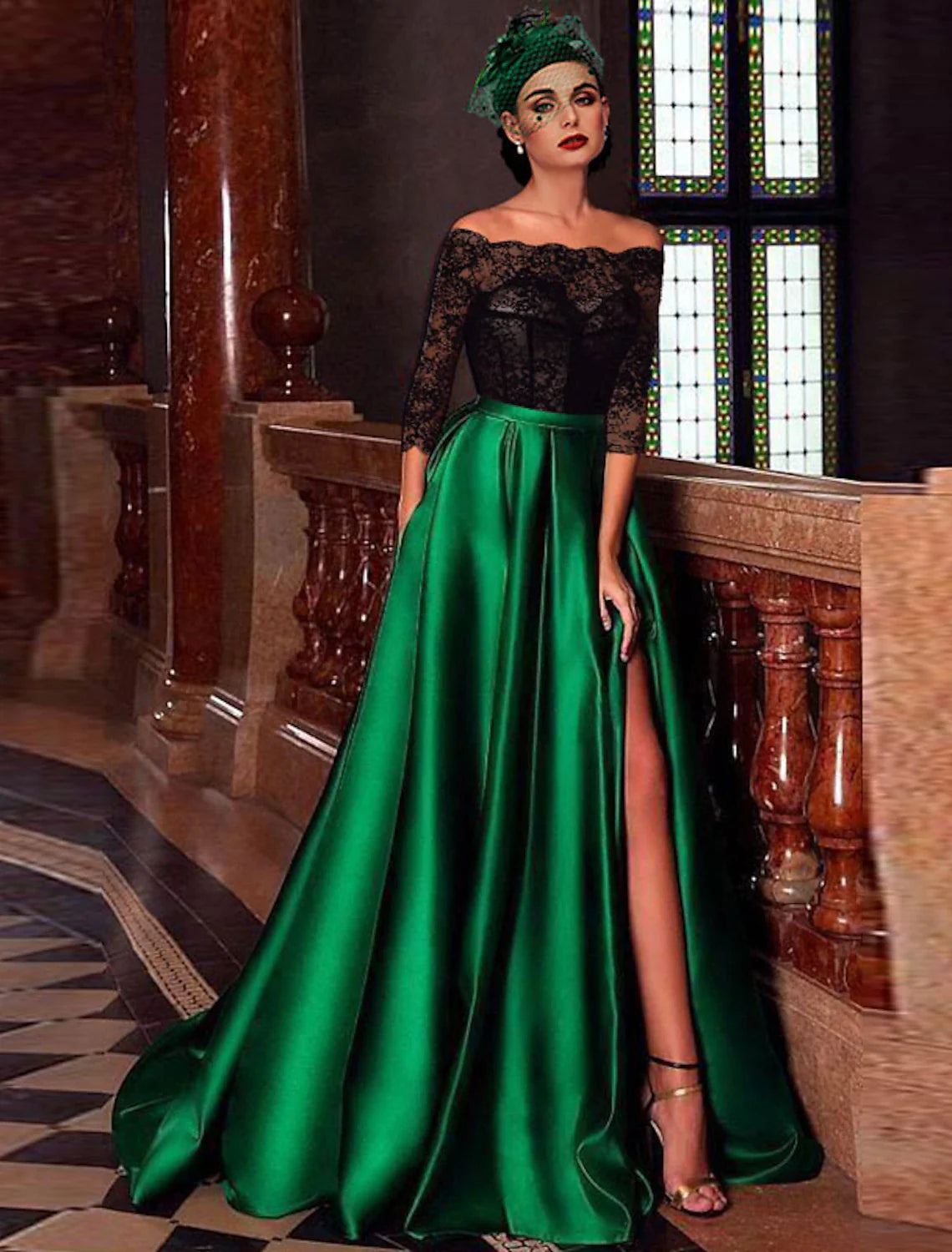 A-Line Evening Gown Corsets Dress Masquerade Floor Length 3/4 Length Sleeve Off Shoulder Satin