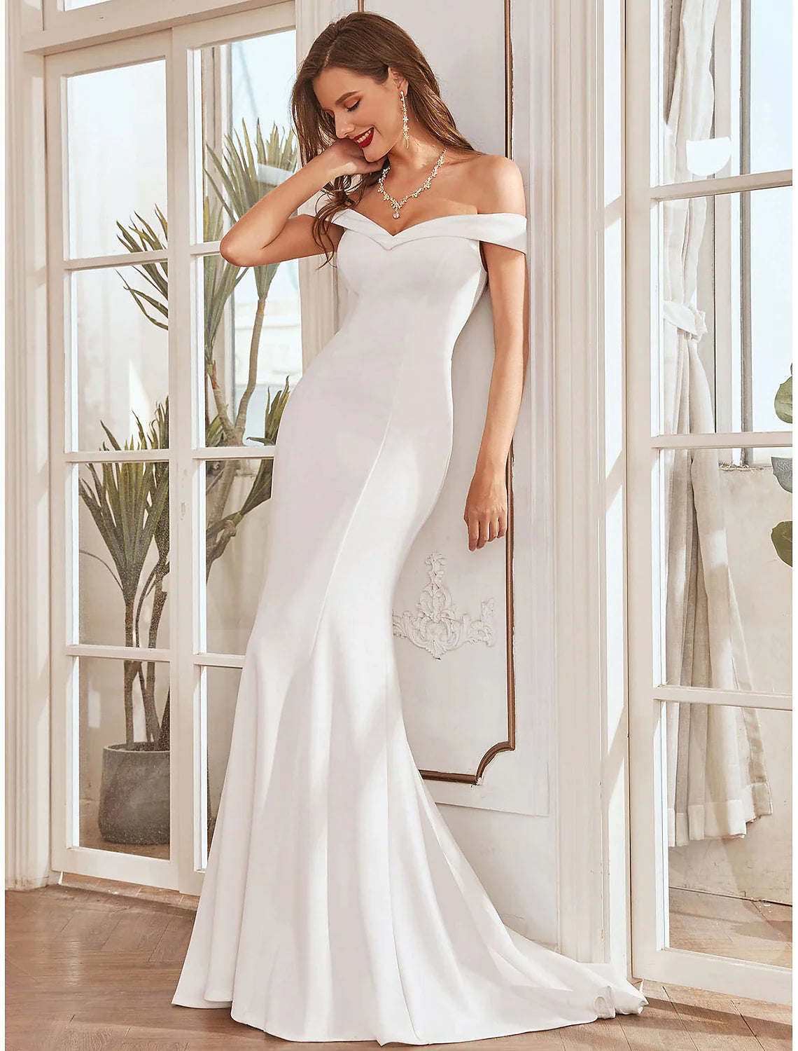 Reception Casual Wedding Dresses Mermaid / Trumpet Off Shoulder Cap Sleeve Sweep / Brush Train Bridal Gowns With Pleats Draping