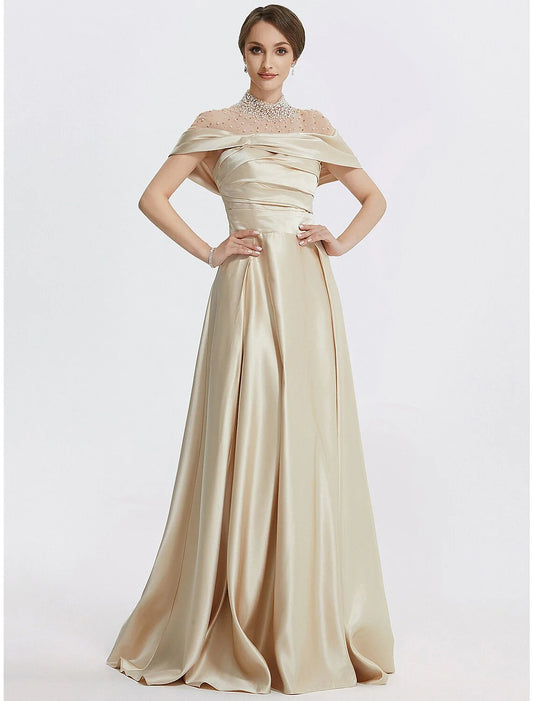 A-Line Evening Gown Elegant Dress Formal Prom Floor Length Sleeveless High Neck Italy Satin with Ruched Pearls