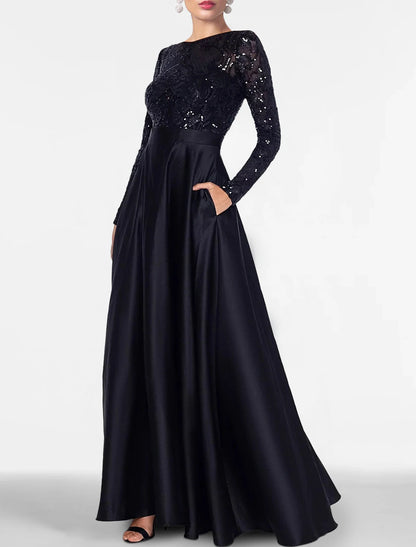 A-Line Evening Gown Elegant Dress Formal Black Tie Floor Length Long Sleeve Off Shoulder Fall Wedding Guest Satin