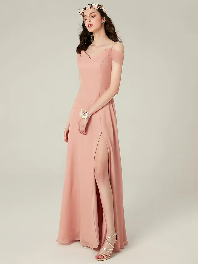 A-Line Bridesmaid Dress Spaghetti Strap Short Sleeve Furcal Floor Length Chiffon with Split Front