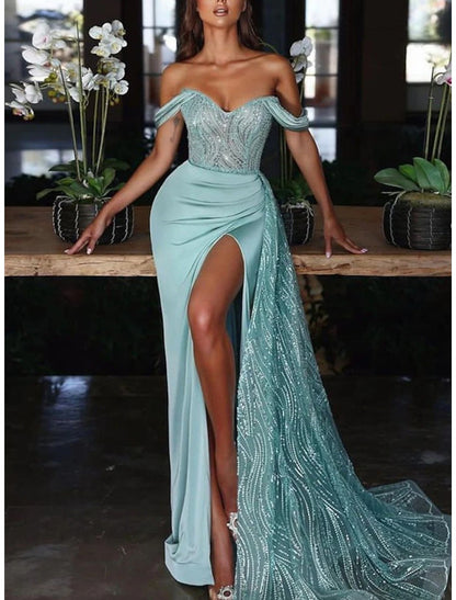 Mermaid Dress Evening Gown Red Green Dress Dress Formal Wedding Guest Court Train Sleeveless Off Shoulder Charmeuse