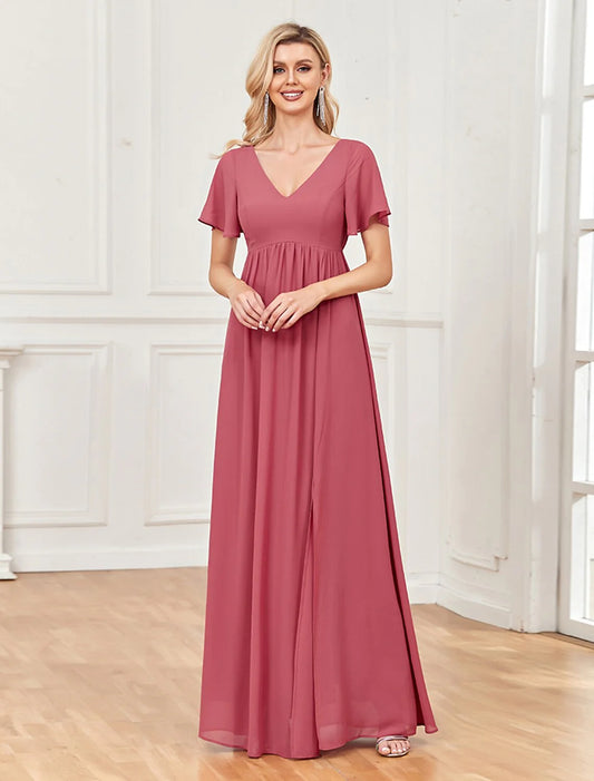 Evening Gown Empire Dress Party Wear Floor Length Short Sleeve V Neck Chiffon V Back with Slit