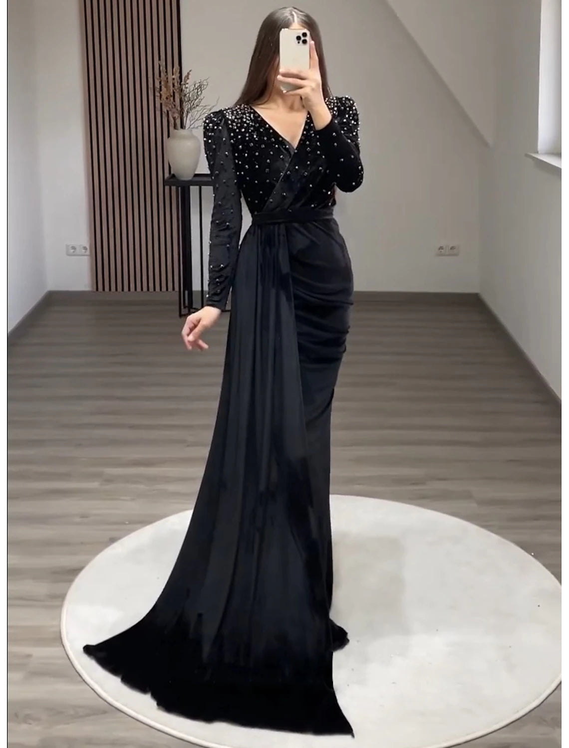 Mermaid Party Dress Evening Gown Maxi Dress Formal Black Tie Gala Floor Length Long Sleeve V Neck Fall Wedding Guest Velvet