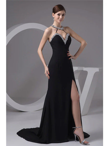 Evening Gown Sexy Dress Engagement Court Train Sleeveless Halter Chiffon with Beading Slit