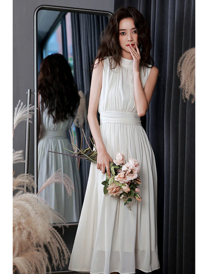 Reception Little White Dresses Wedding Dresses A-Line High Neck Sleeveless Tea Length Chiffon Bridal Gowns With Pleats Solid Color