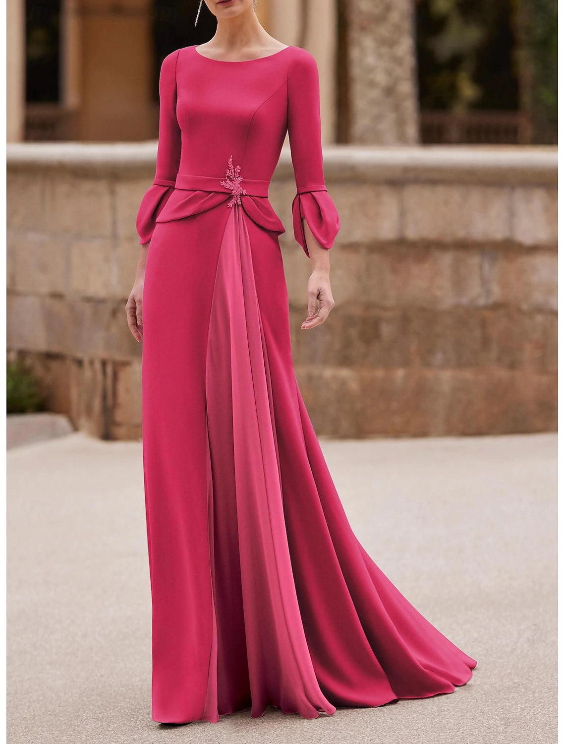 Mermaid / Trumpet Mother of the Bride Dress Elegant Floor Length Chiffon Crepe 3/4 Length Sleeve