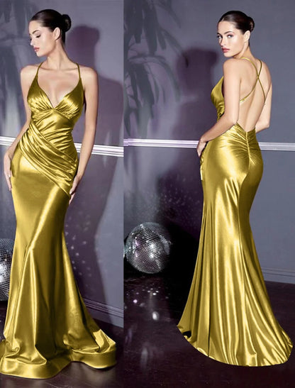 Mermaid / Trumpet Evening Gown Elegant Dress Engagement Sweep / Brush Train Sleeveless V Neck Satin with Criss Cross Ruched