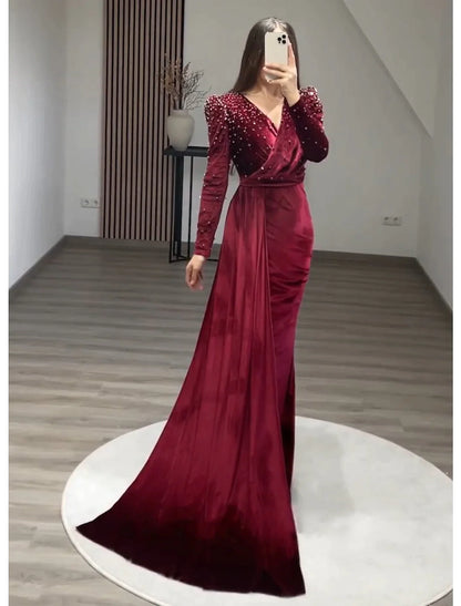 Mermaid / Trumpet Evening Gown Elegant Dress Formal Black Tie Gala Floor Length Long Sleeve V Neck Fall Wedding Guest Velvet with Ruched Pearls