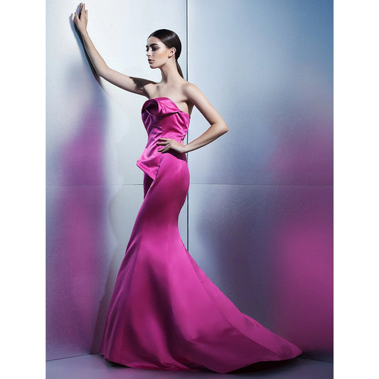 Evening Dress Strapless Sleeveless Sweep / Brush Train Satin with Flower