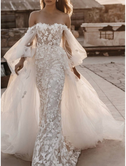 Hall Formal Wedding Dresses A-Line Sweetheart Long Sleeve Court Train Lace Bridal Gowns