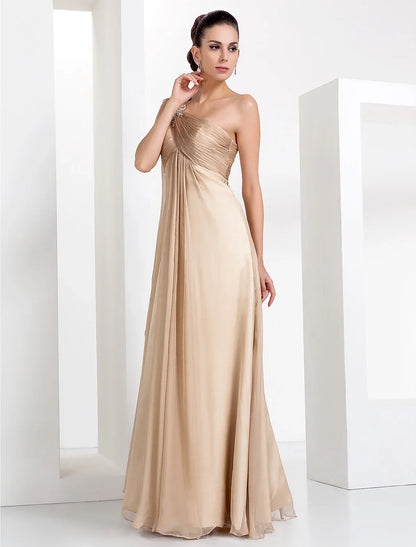 Evening Black Tie Gala Dress One Shoulder Sleeveless Floor Length Chiffon with Criss Cross Crystals