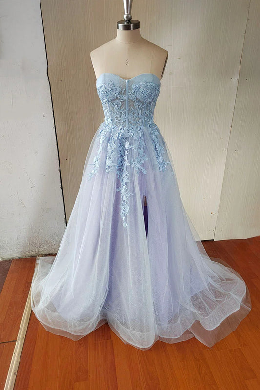 Blue Strapless Lace Long A-Line Prom Dress