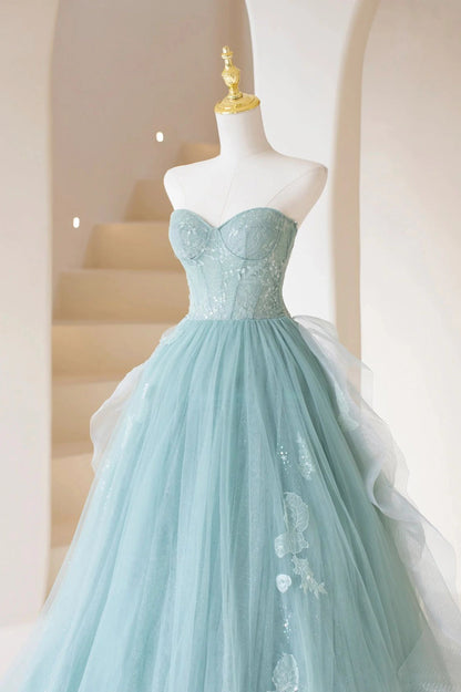 A-Line Lace Formal Cute Tulle Strapless Long Prom Dress