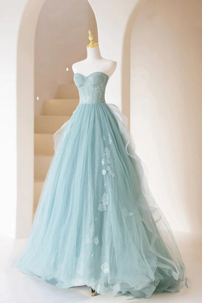 A-Line Lace Formal Cute Tulle Strapless Long Prom Dress