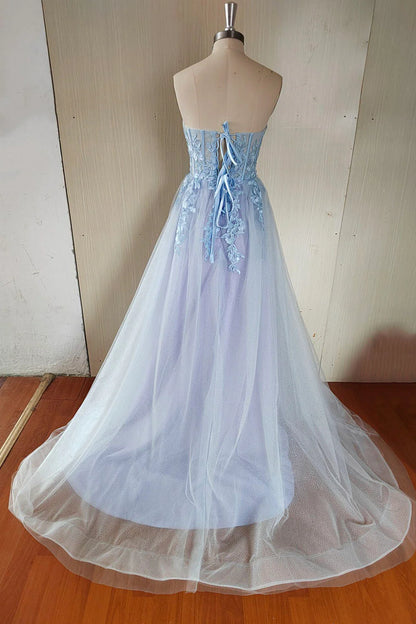 Blue Strapless Lace Long A-Line Prom Dress