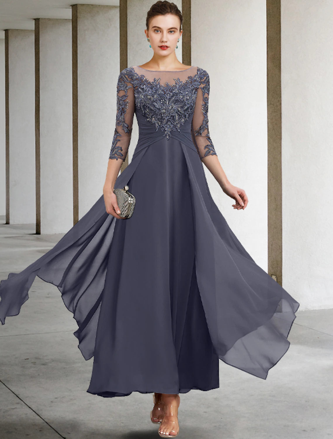 A-Line Mother of the Bride Dress Wedding Guest Elegant Plus Size Jewel Neck Ankle Length Chiffon Lace 3/4 Length Sleeve