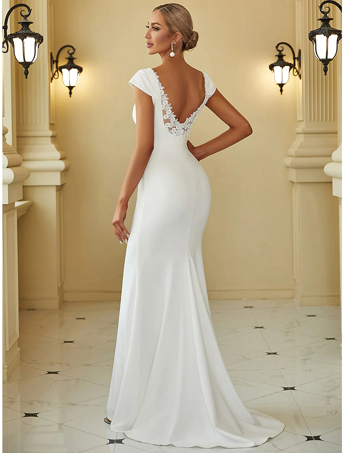 Reception Casual Wedding Dresses Mermaid / Trumpet V Neck Cap Sleeve Sweep / Brush Train Bridal Gowns With Draping Solid Color