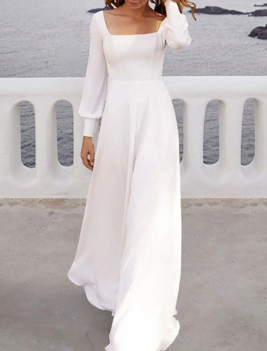 Beach Simple Wedding Dresses A-Line Square Neck Long Sleeve Sweep / Brush Train Chiffon Bridal Gowns