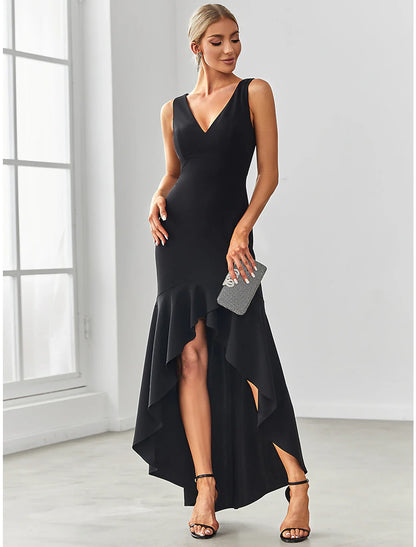 Evening Gown Sexy Dress Formal Wedding Guest Asymmetrical Sleeveless V Neck Nylon V Back with Ruffles Draping