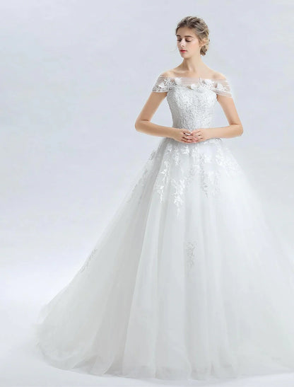 Hall Wedding Dresses Ball Gown Off Shoulder Sleeveless Cathedral Train Satin Bridal Gowns With Lace Beading