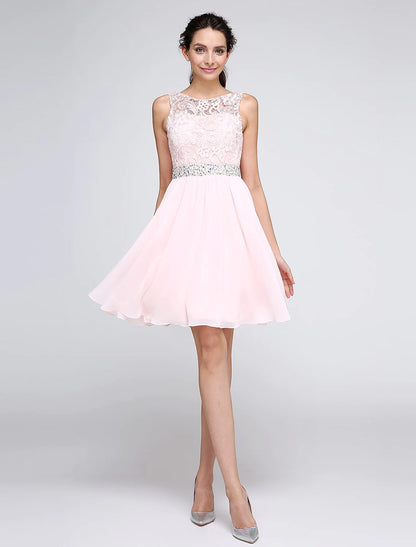 A-Line Special Occasion Dresses Party Dress Homecoming Graduation Short / Mini Sleeveless Illusion Neck Pink Dress Chiffon V Back Low Back with Crystals