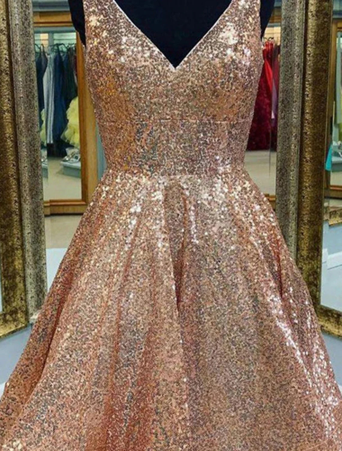 Homecoming Dresses Sparkle & Shine Dress Graduation Tea Length Sleeveless V Neck Pink Dress Sequined with Sequin