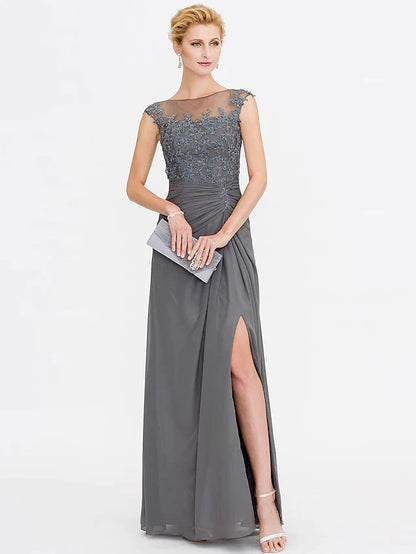 A-Line Mother of the Bride Dress Elegant See Through Bateau Neck Floor Length Chiffon Lace Sleeveless with Side Draping