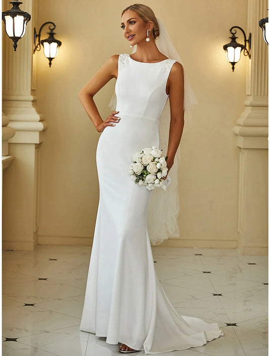 Reception Casual Wedding Dresses Mermaid / Trumpet Scoop Neck Sleeveless Sweep / Brush Train Bridal Gowns With Beading Solid Color