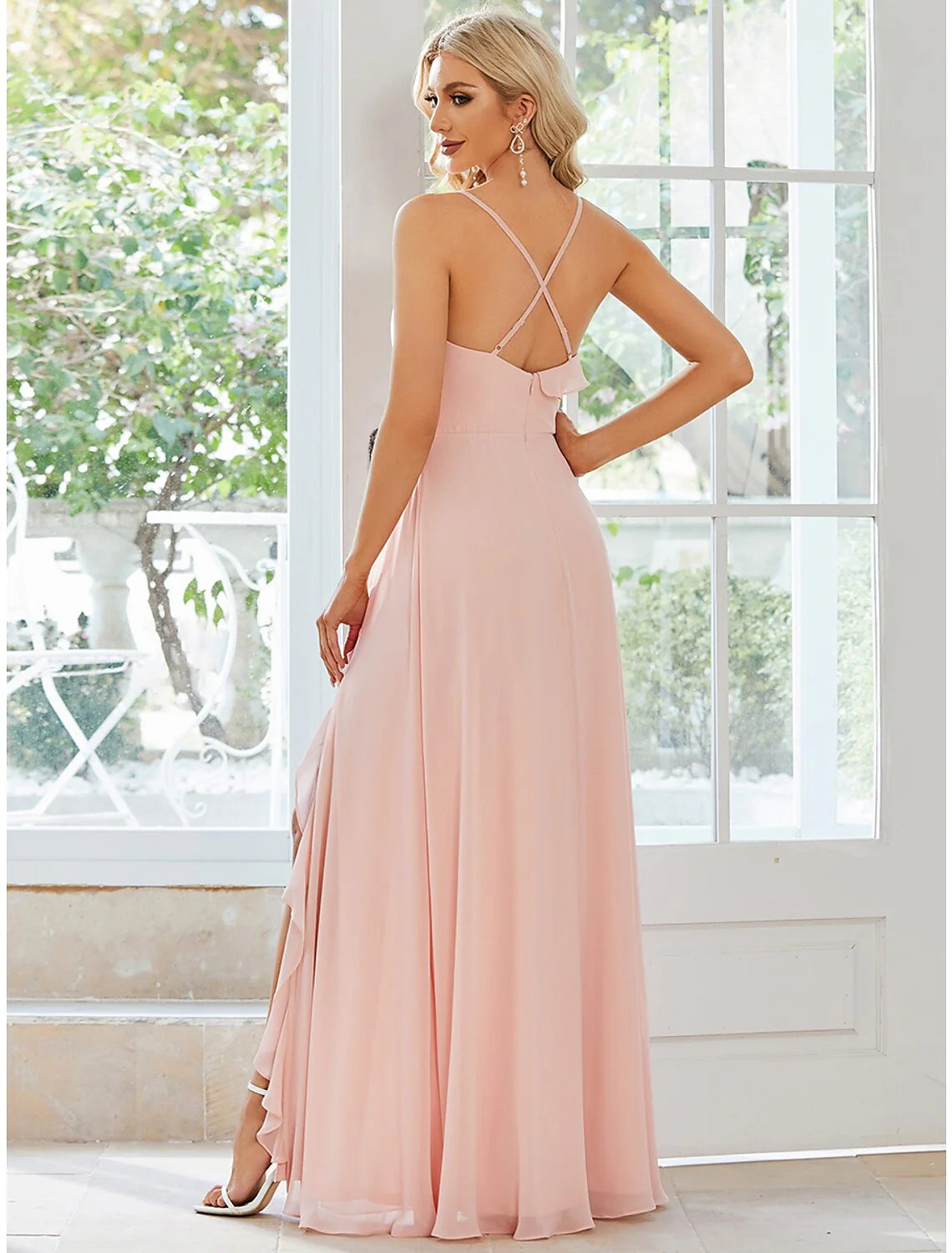 Evening Dress Party Wear Floor Length Sleeveless Spaghetti Strap Chiffon with Ruffles Slit