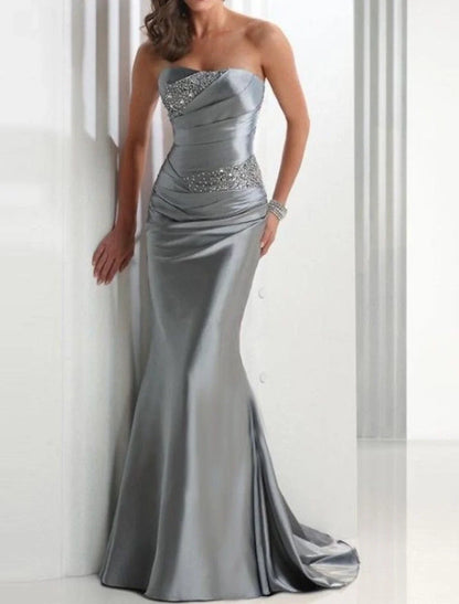 Evening Dress Strapless Sleeveless Sweep / Brush Train Satin with Crystals