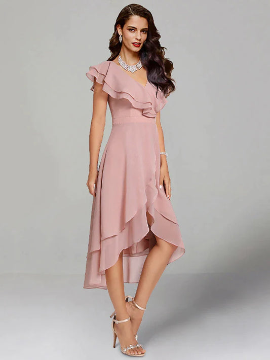 Cocktail Party Tea Length Short Sleeve V Neck Chiffon with Slit