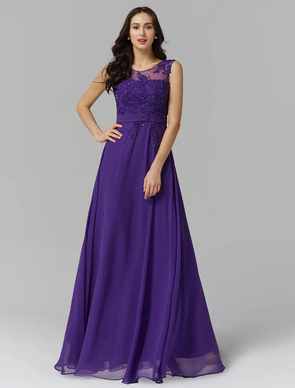 A-Line Evening Dress Wedding Guest Prom Floor Length Sleeveless Illusion Neck Chiffon V Back with Beading Appliques