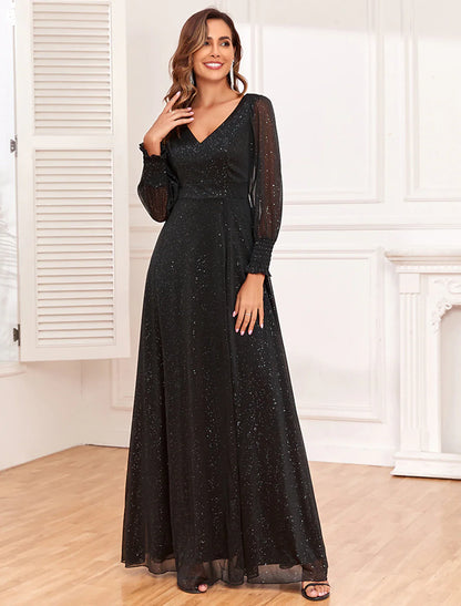 Evening Gown Empire Dress Party Wear Floor Length Long Sleeve V Neck Tulle V Back with Glitter Slit