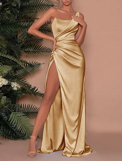 Sheath / Column Empire Sexy High Split Wedding Guest Prom Dress One Shoulder Sleeveless Sweep / Brush Train Charmeuse with Ruched Slit