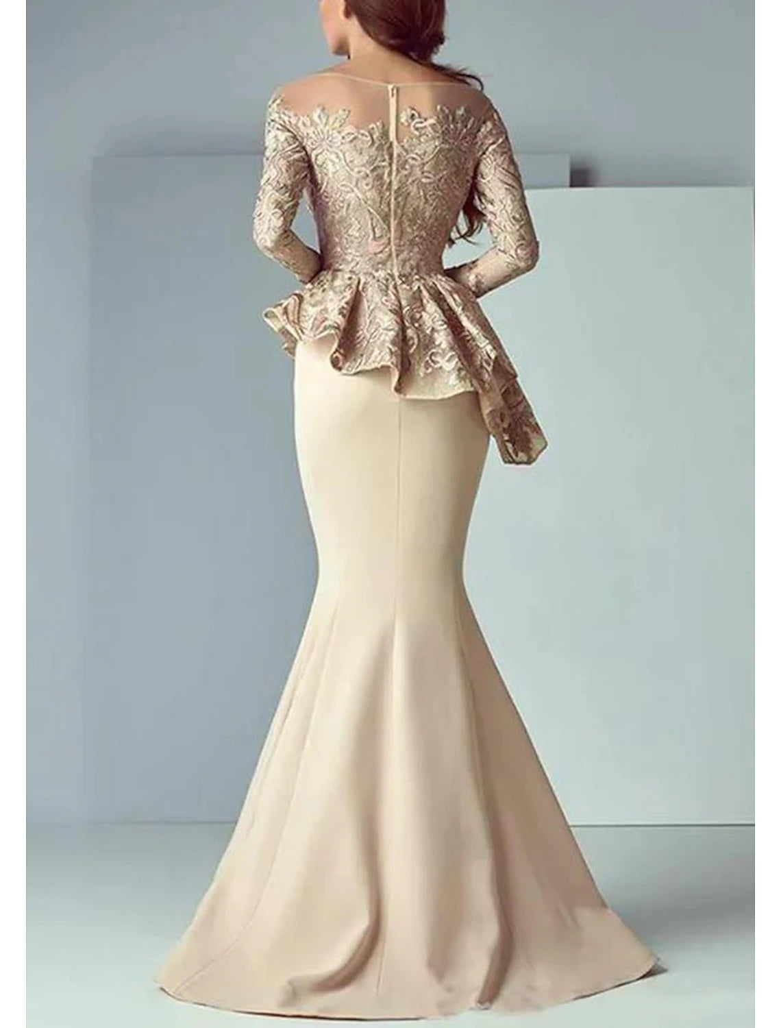 Mermaid / Trumpet Mother of the Bride Dress Formal Wedding Guest Elegant Scoop Neck Floor Length Lace Long Sleeve with Ruffles Appliques