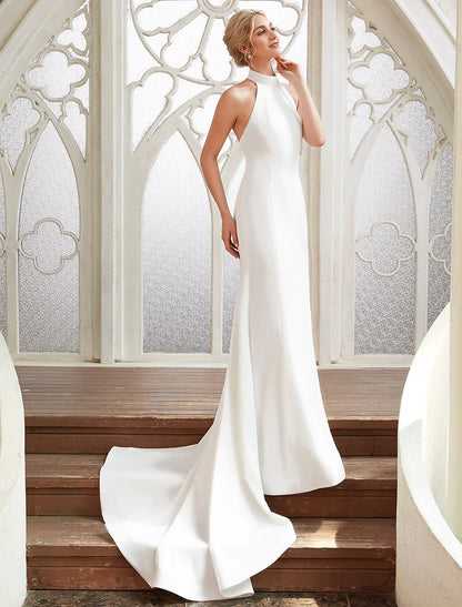 Bridal Shower Casual Open Back Wedding Dresses Court Train Sheath / Column Regular Straps Halter Satin With Pleats