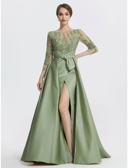 A-Line Evening Gown Elegant Dress Formal Floor Length 3/4 Length Sleeve Jewel Neck Satin