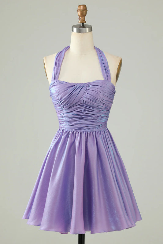 A-Line Satin Halter Purple Homecoming Dress With Pleated