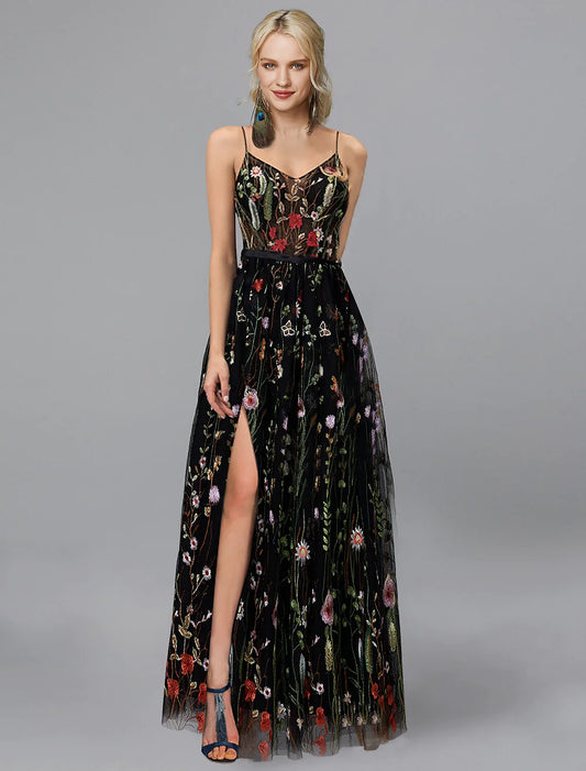 A-Line Prom Dresses Elegant Dress Wedding Guest Formal Evening Floor Length Sleeveless Spaghetti Strap Chiffon with Slit Appliques