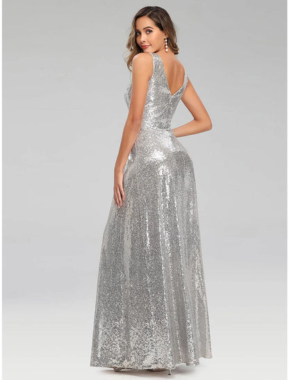 A-Line Prom Dresses Sparkle Dress Wedding Guest Engagement Floor Length Sleeveless V Neck Polyester V Back with Sequin