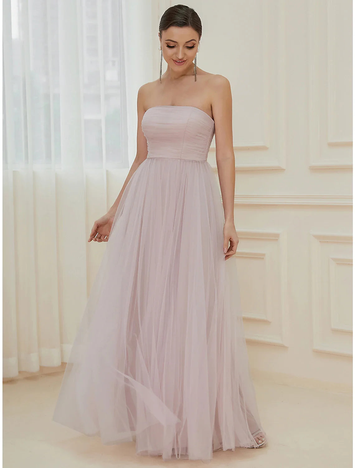 Evening Gown Elegant Dress Wedding Guest Floor Length Sleeveless Off Shoulder Tulle with Pure Color Tiered