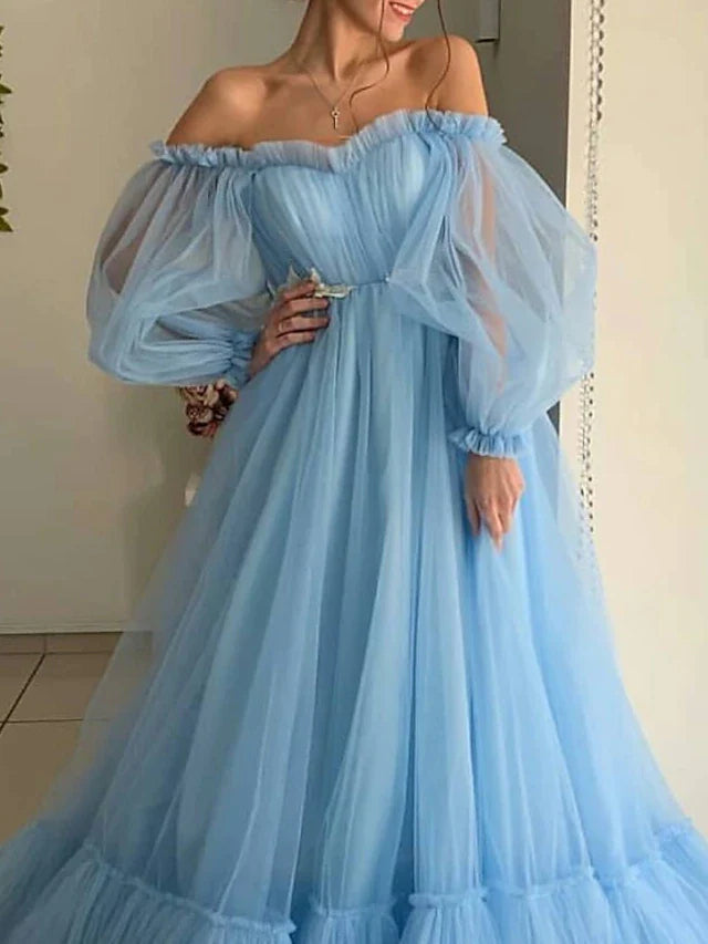 A-Line Minimalist Elegant Engagement Prom Dress Off Shoulder Long Sleeve Floor Length Tulle with Pleats Appliques