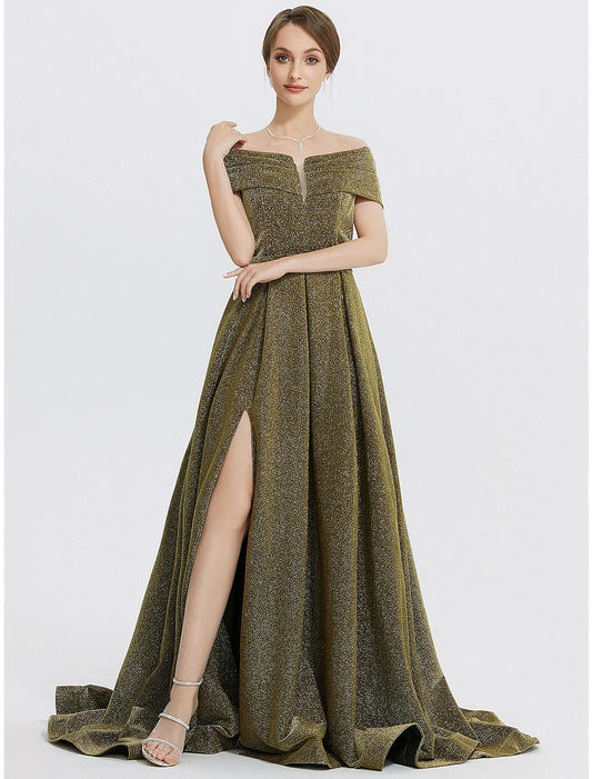 Evening Gown Elegant Dress Formal Sweep / Brush Train Sleeveless Sweetheart Charmeuse with Glitter Slit