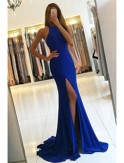 Mermaid / Trumpet Evening Gown Bodycon Dress Formal Prom Court Train Sleeveless High Neck Stretch Fabric