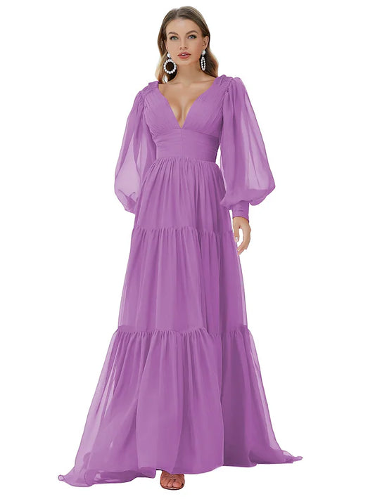 A-Line Evening Gown Sexy Dress Party Wear Sweep / Brush Train Long Sleeve V Neck Chiffon with Ruched