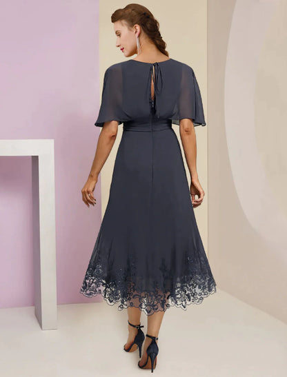 A-Line Mother of the Bride Dress Formal Wedding Guest Elegant V Neck Tea Length Chiffon Lace Half Sleeve with Appliques Crystal Brooch