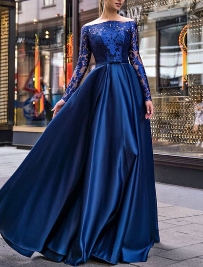 A-Line Evening Gown Party Dress Elegant Dress Wedding Guest Fall Floor Length Long Sleeve Off Shoulder Belt / Sash Satin