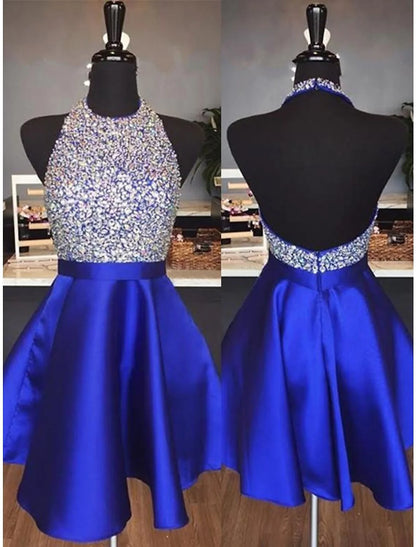 Homecoming Dresses Sparkle & Shine Dress Party Wear Short / Mini Sleeveless Halter Satin Backless with Pleats Sequin