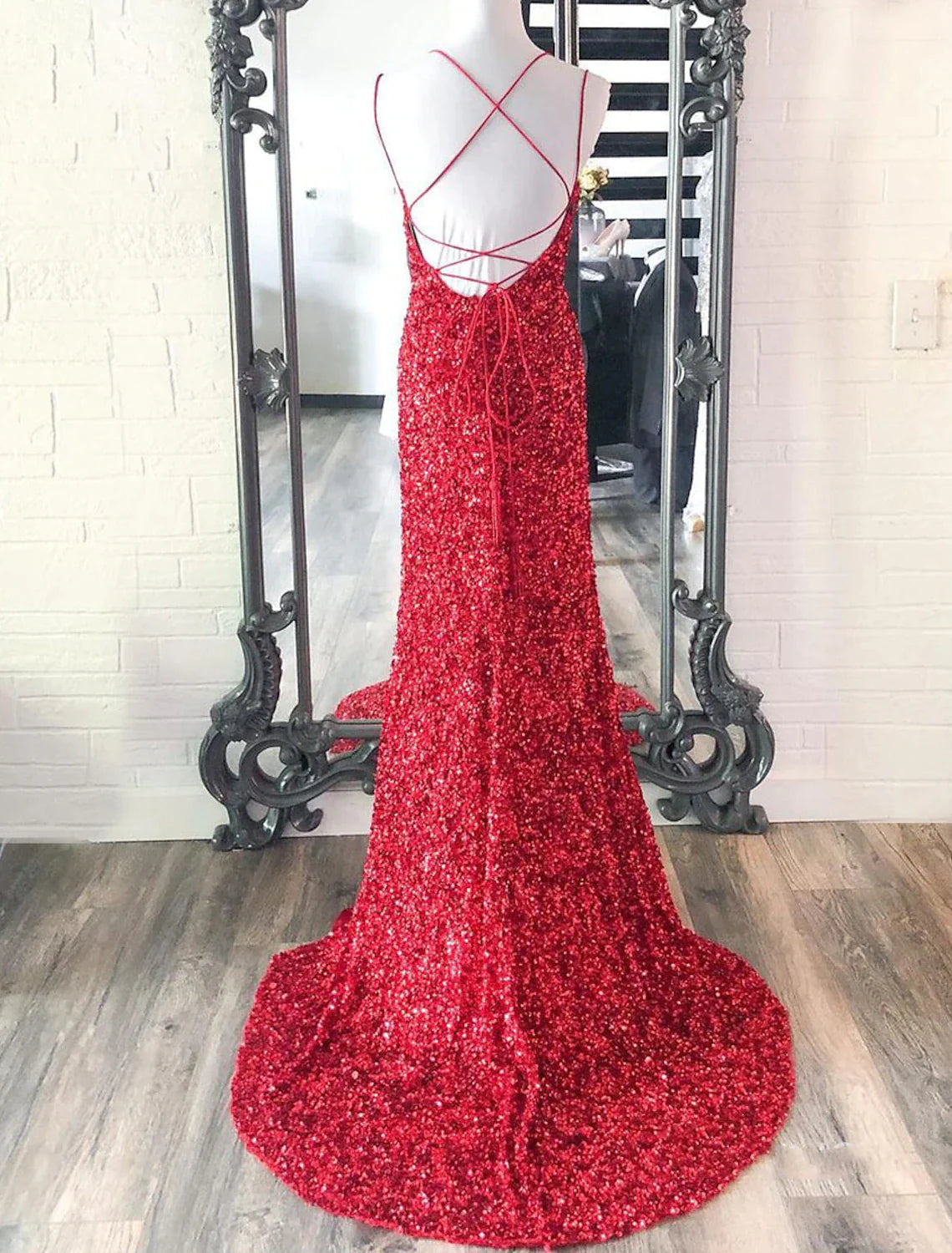 Mermaid / Trumpet Prom Dresses Sparkle & Shine Dress Wedding Guest Party Wear Floor Length Sleeveless Spaghetti Strap Sequined with Sequin Slit